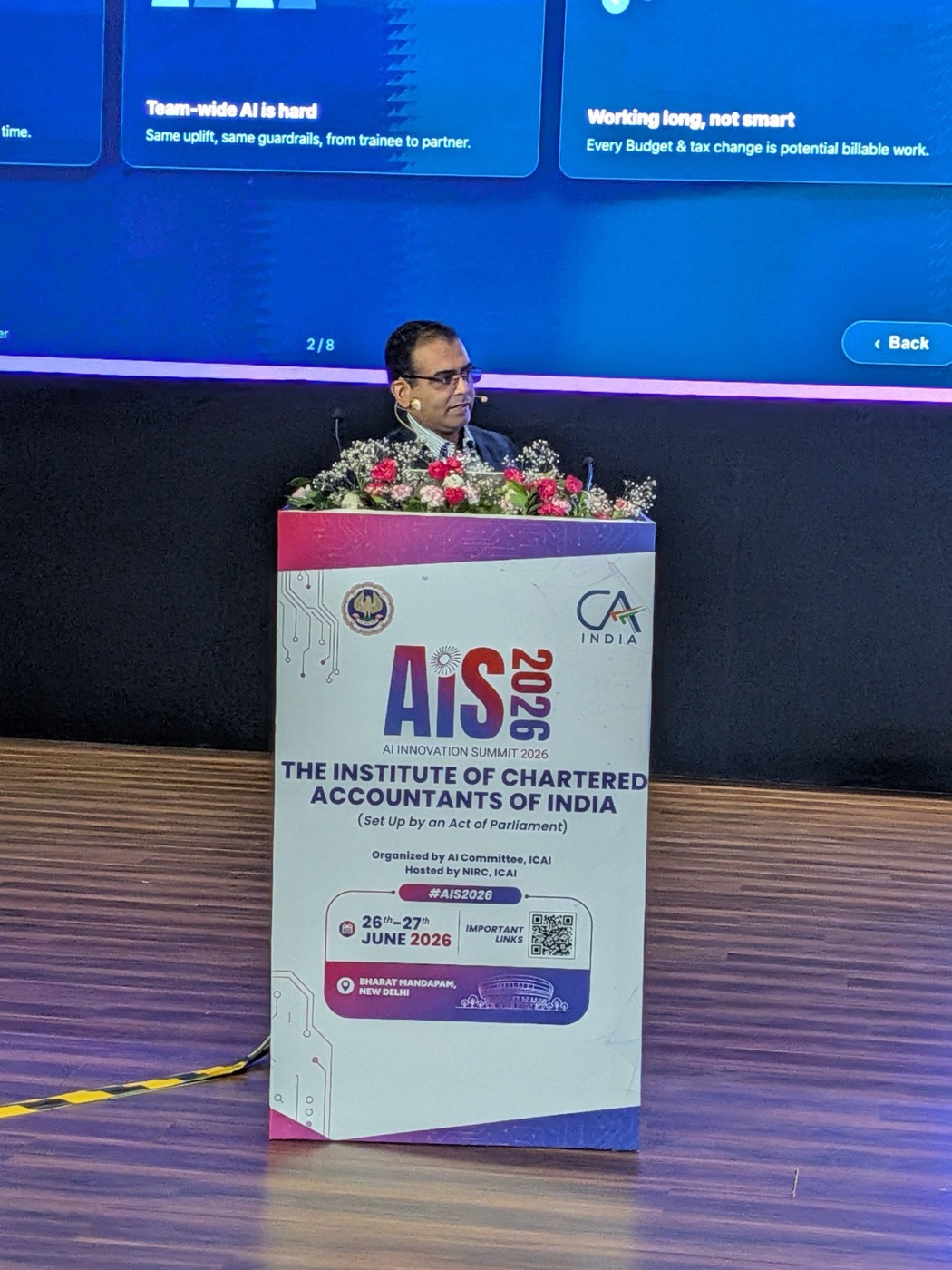 Bhairav Kothari presenting FinPera at the ICAI AI Innovation Summit 2026, Bharat Mandapam, New Delhi