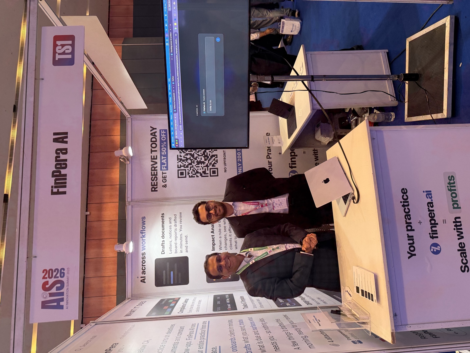 Bhairav Kothari and his co-founder Jay at the FinPera stand at the ICAI AI Innovation Summit 2026
